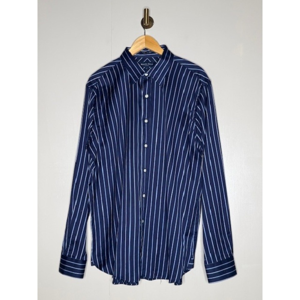 Austin Reed London Mens Large Bespoke Fit Navy Blue Striped Cotton Dress Shirt
